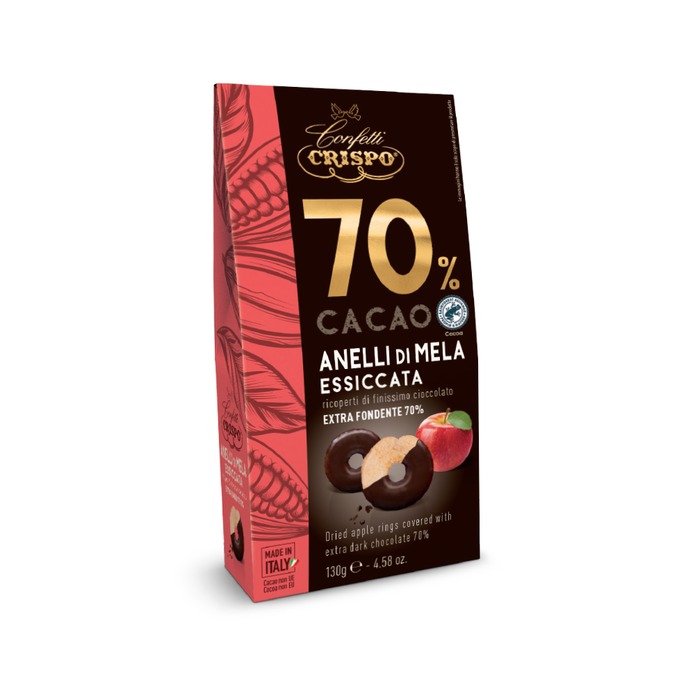 Crispo anelli di mela essiccata ricoperti di cioccolato fondente - 130g