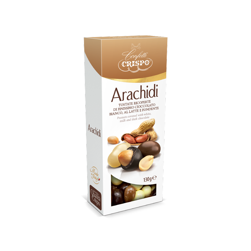 Crispo arachidi ricoperti di cioccolato bianco, al latte e dondente - 130g