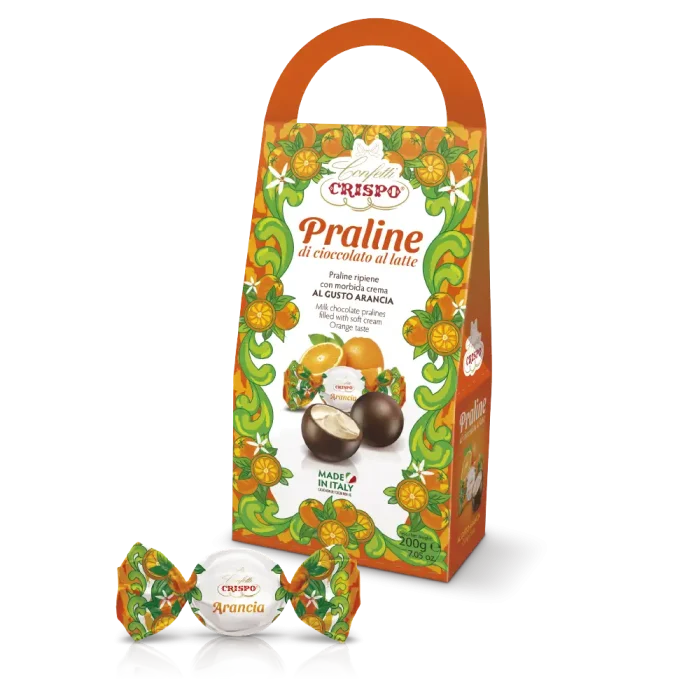 Praline di cioccolato al latte ripiene con crema al gusto arancia