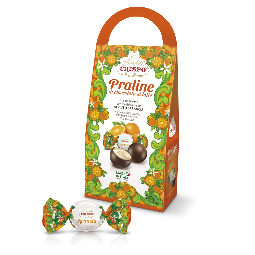 Praline di cioccolato al latte ripiene con crema al gusto arancia