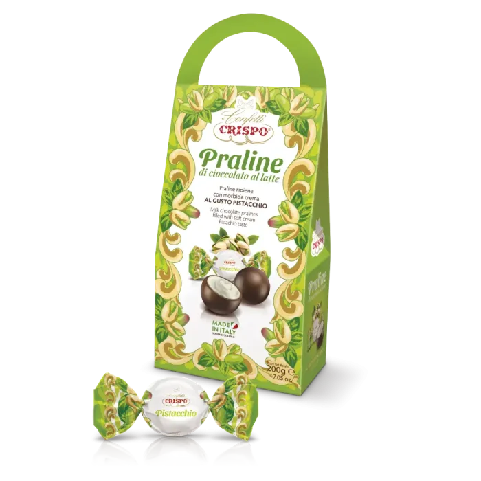 Praline di cioccolato al latte ripiene con crema al gusto pistacchio