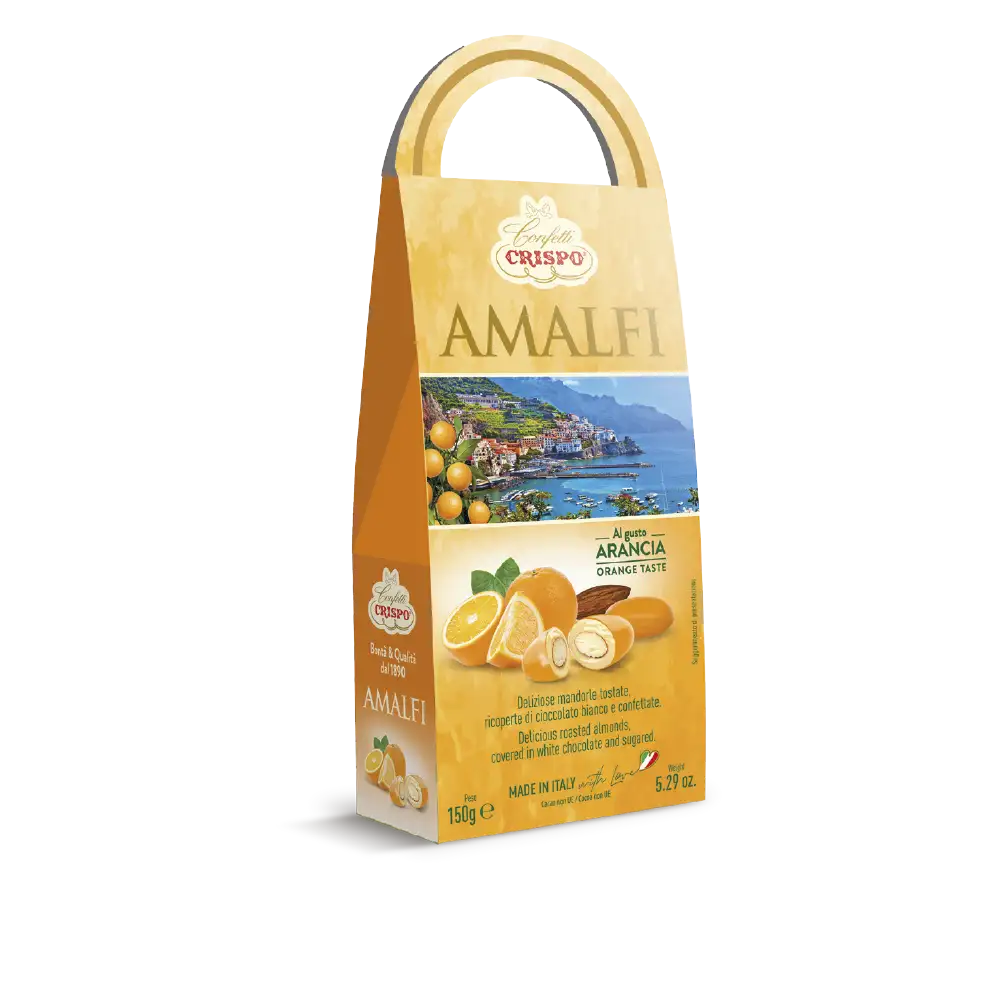 Deliziose mandorle tostate ricoperte di cioccolato bianco al gusto Arancia e confettate