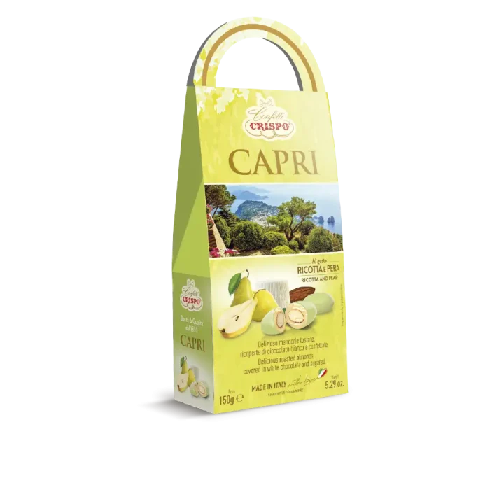 Deliziose mandorle tostate ricoperte di cioccolato bianco al gusto di Ricotta e Pera e confettate