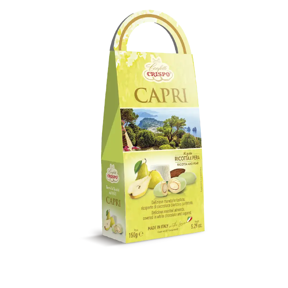 Deliziose mandorle tostate ricoperte di cioccolato bianco al gusto di Ricotta e Pera e confettate