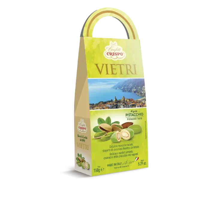 Deliziose mandorle tostate ricoperte di cioccolato bianco al gusto di Pistacchio e confettate