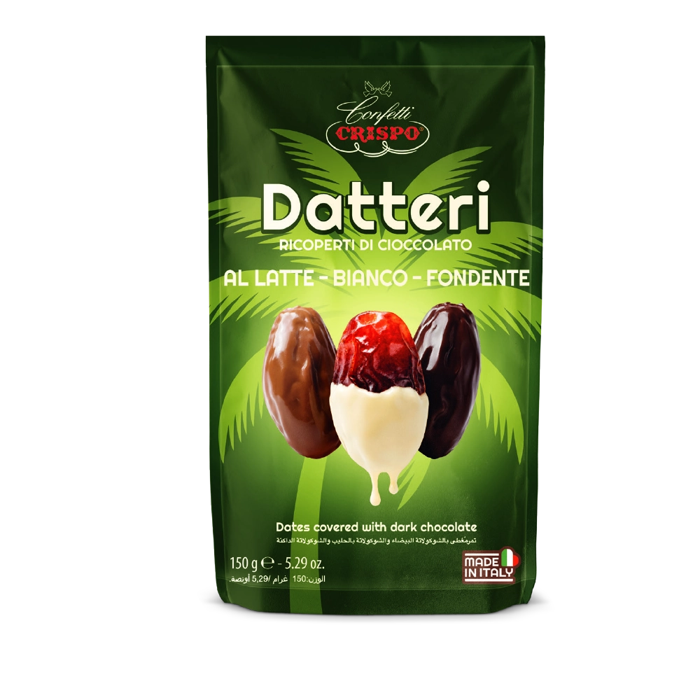 Pregiati datteri selezionati, ricoperti da finissimo cioccolato fondente, al latte o bianco.