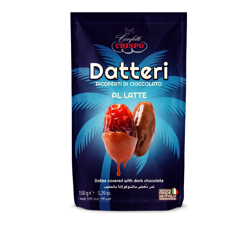 Pregiati datteri selezionati, avvolti da un morbido strato di finissimo cioccolato al latte. La dolcezza naturale della frutta si unisce alla cremosità del cioccolato, creando uno snack goloso e ricco di gusto.