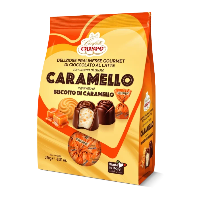 Pralinesse di cioccolato al latte ripiene di crema bianca al gusto caramello con granella di biscotto al caramello