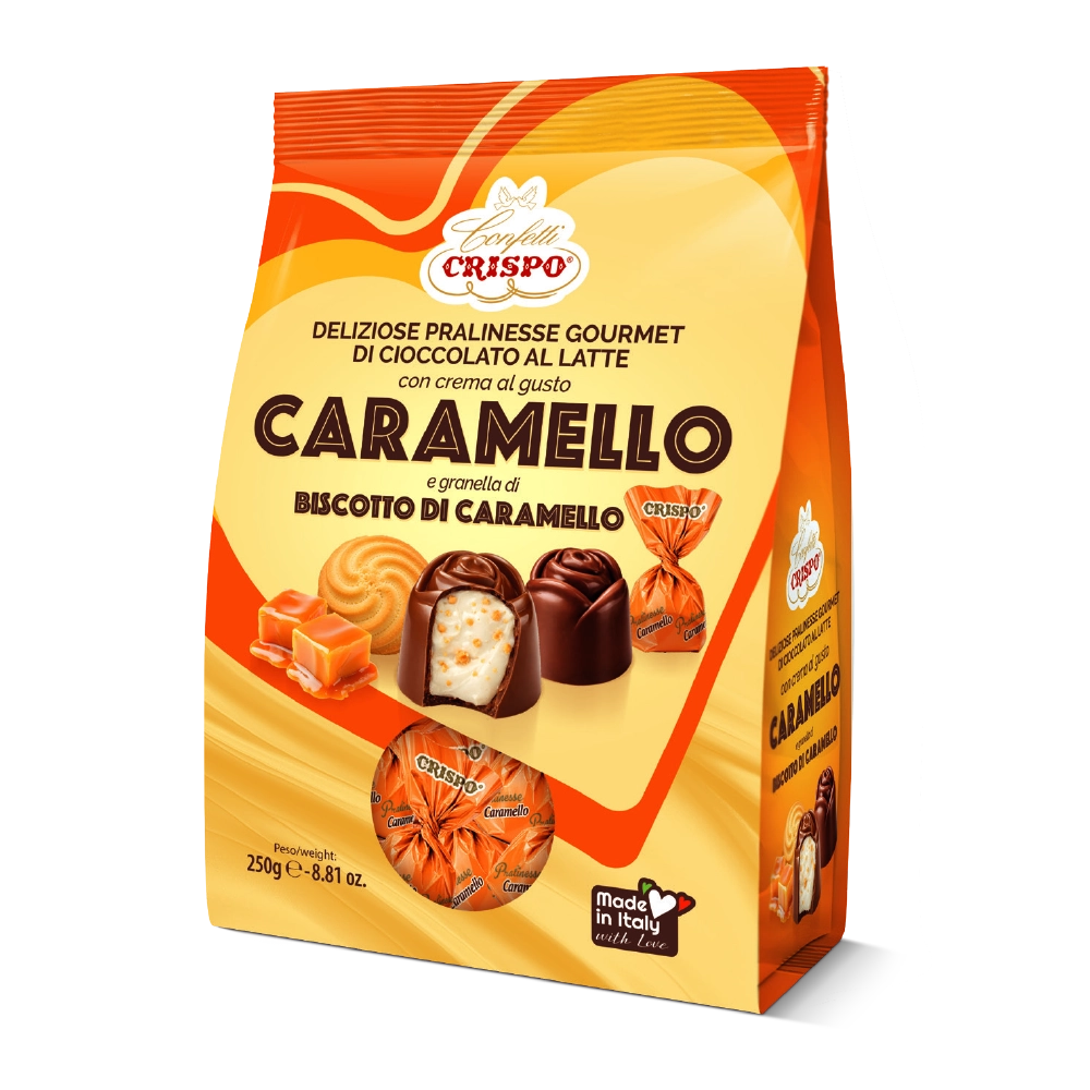Pralinesse di cioccolato al latte ripiene di crema bianca al gusto caramello con granella di biscotto al caramello