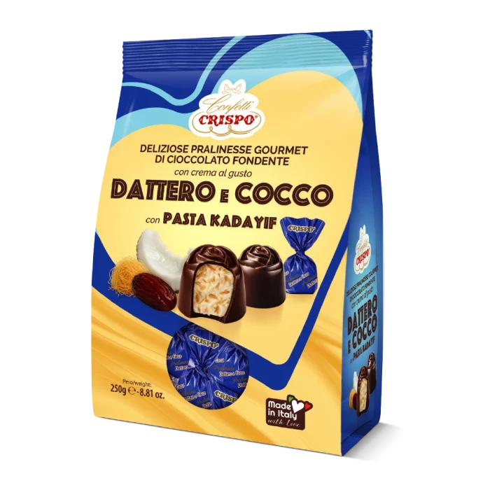 Pralinesse di cioccolato fondente ripiene di crema bianca al gusto dattero e cocco e con pasta kadayif