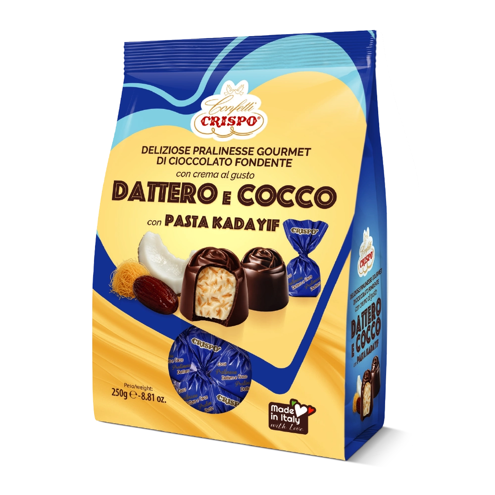 Pralinesse di cioccolato fondente ripiene di crema bianca al gusto dattero e cocco e con pasta kadayif