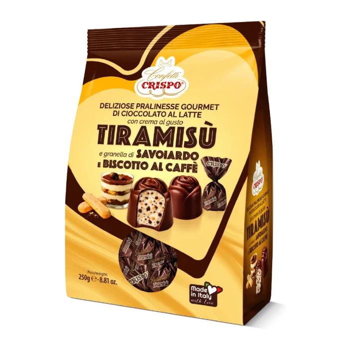 Pralinesse di cioccolato al latte ripiene di crema bianca al gusto tiramis&ugrave; con granella di savoiardo e biscotto al caff&egrave;