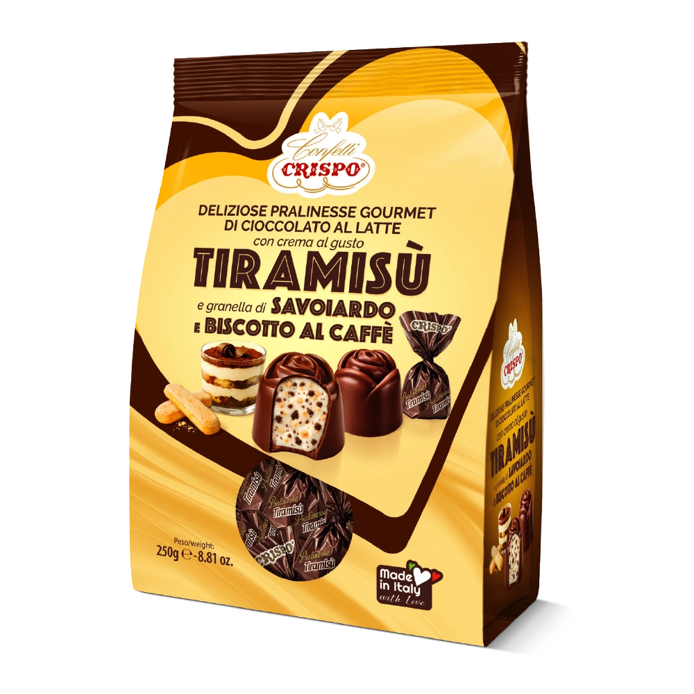 Pralinesse di cioccolato al latte ripiene di crema bianca al gusto tiramisù con granella di savoiardo e biscotto al caffè
