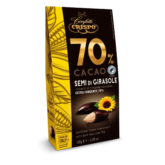 Croccanti semi di girasole selezionati, ricoperti da un intenso strato di cioccolato fondente al 70% di cacao.