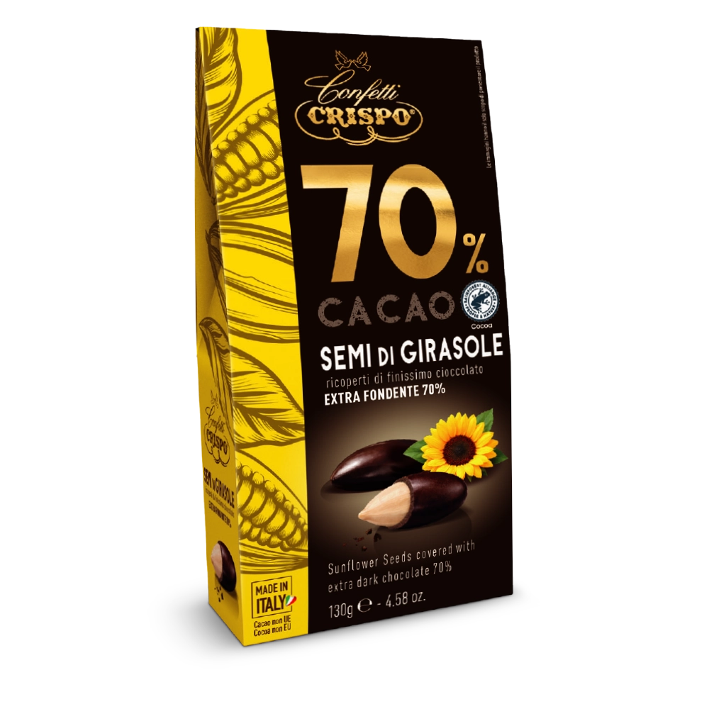 Croccanti semi di girasole selezionati, ricoperti da un intenso strato di cioccolato fondente al 70% di cacao.